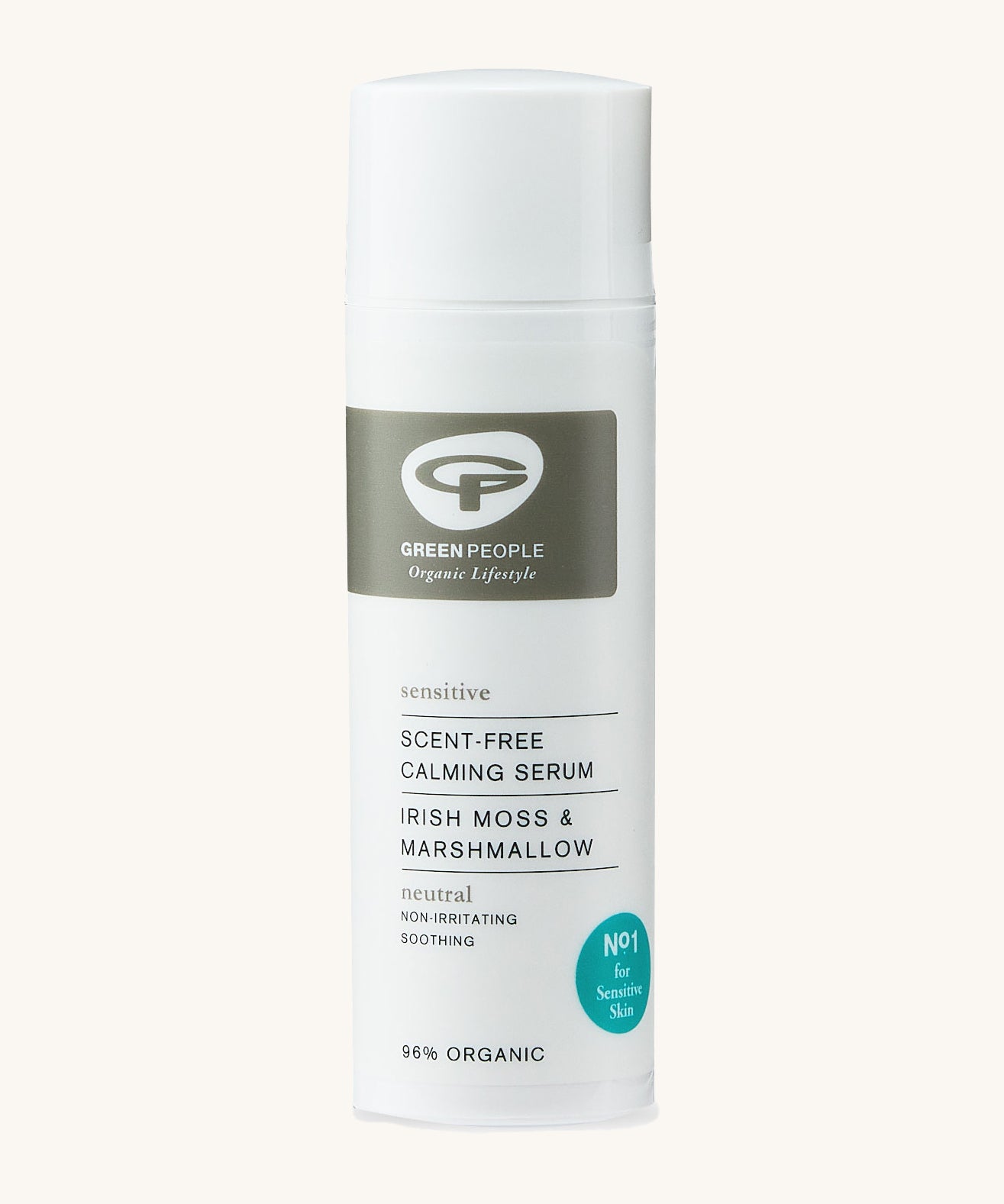 Green People Scent-Free Hydrating Calming Serum on a plain background. 