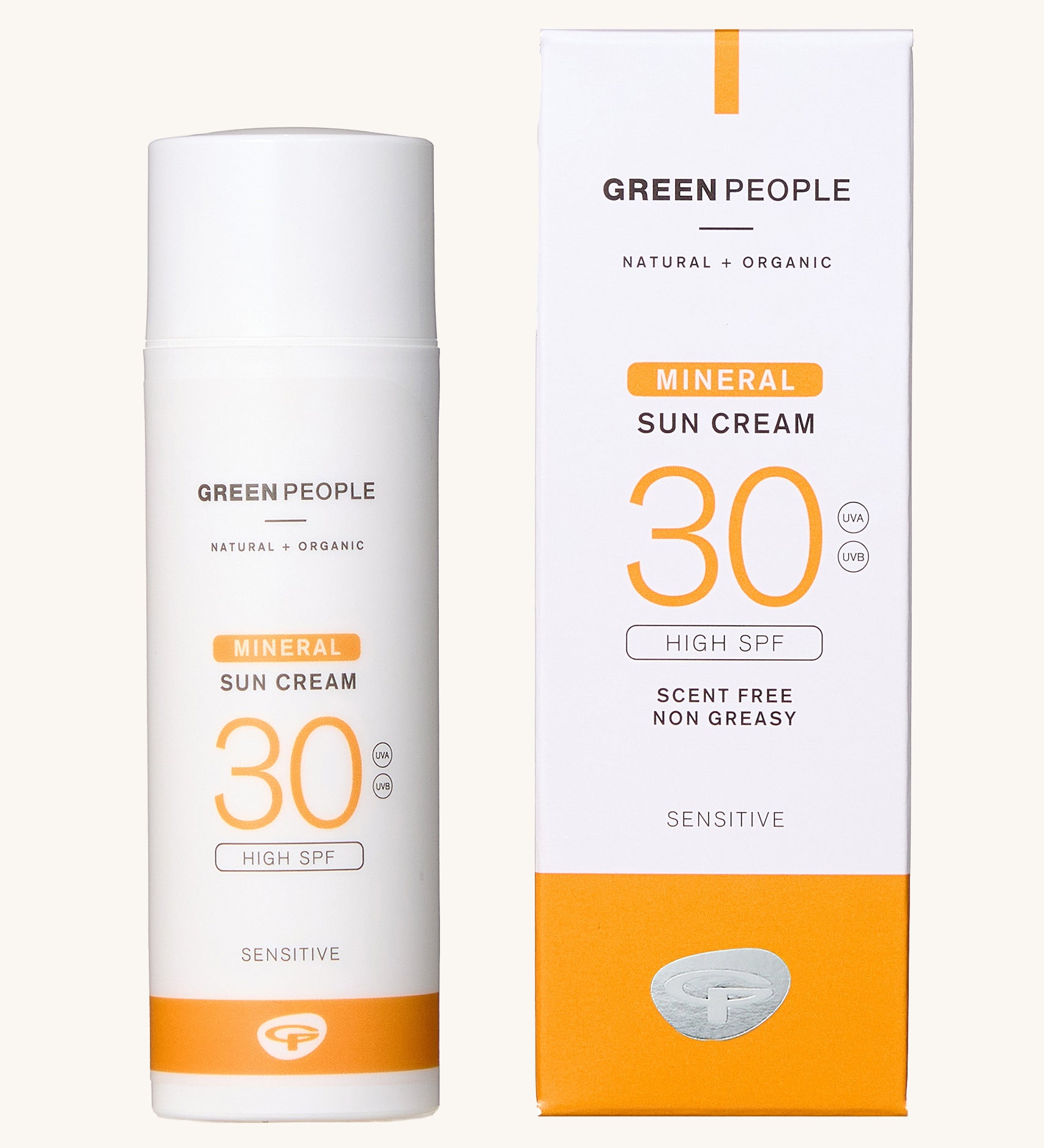 Green People Natural and Organic Mineral Suncream SPF30 Scent Free, bottle and box on a white background