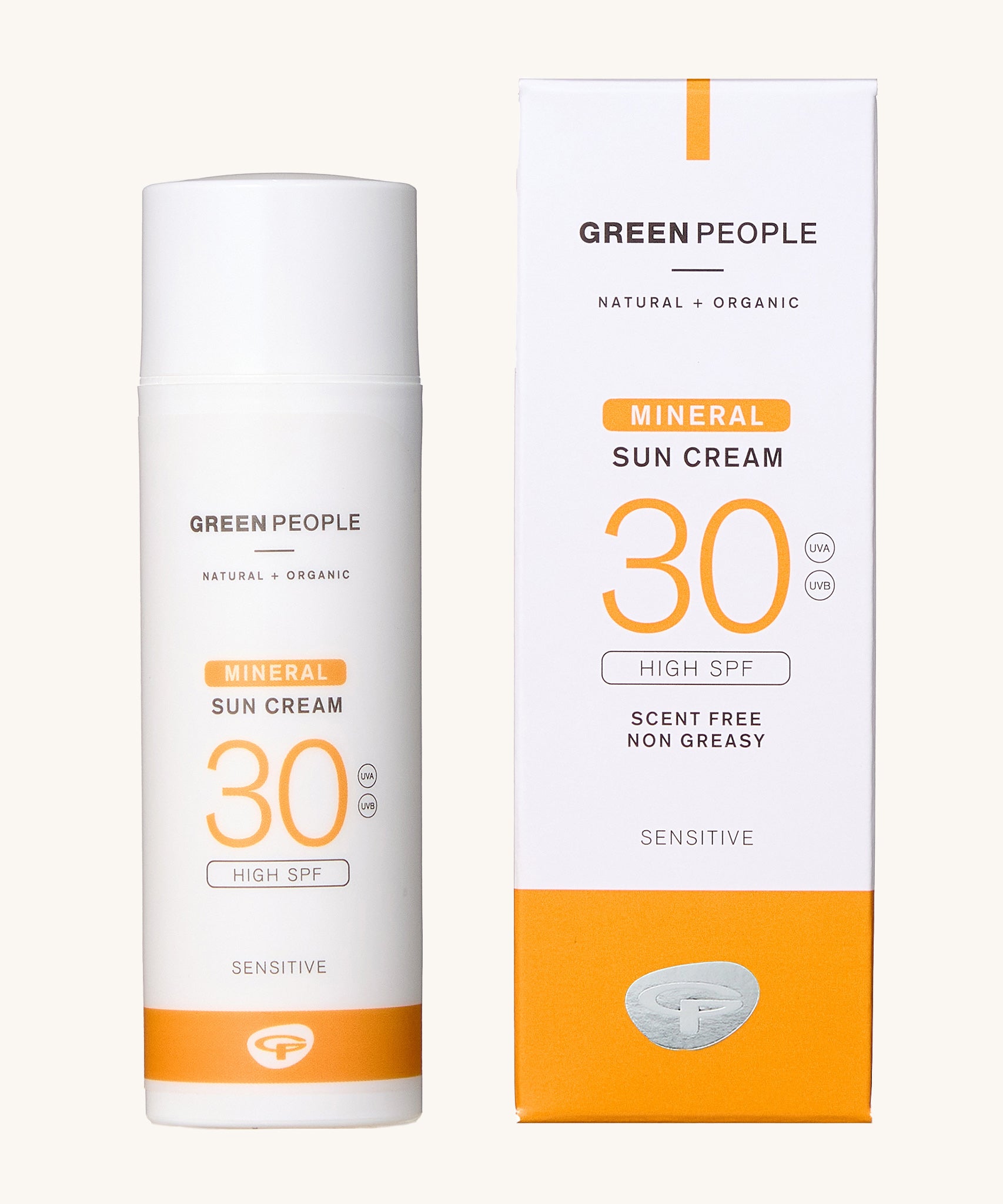 Green People Natural and Organic Mineral Suncream SPF30 Scent Free, bottle and box on a white background