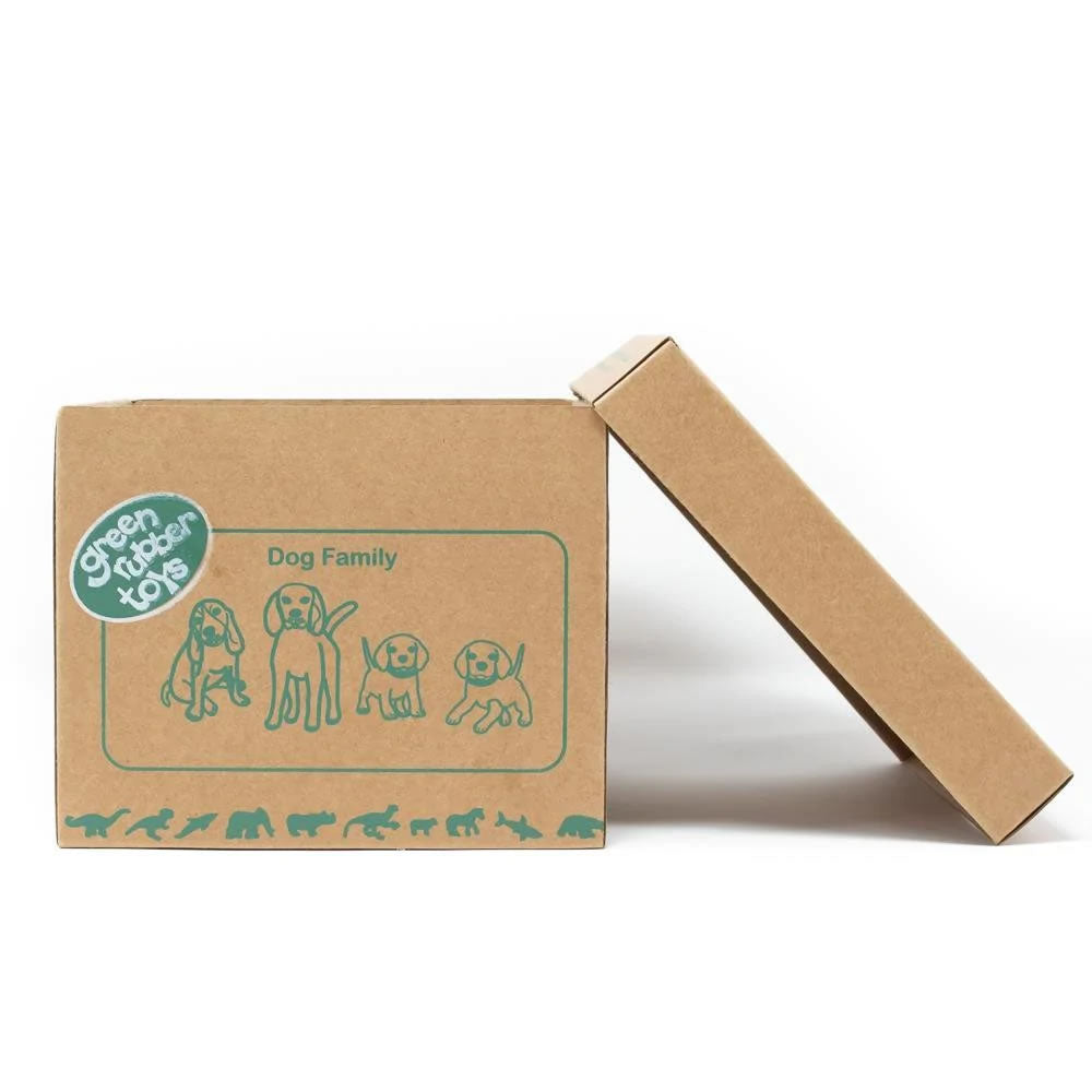 Box for the Green Rubber Toys beagle family figures open on a white background