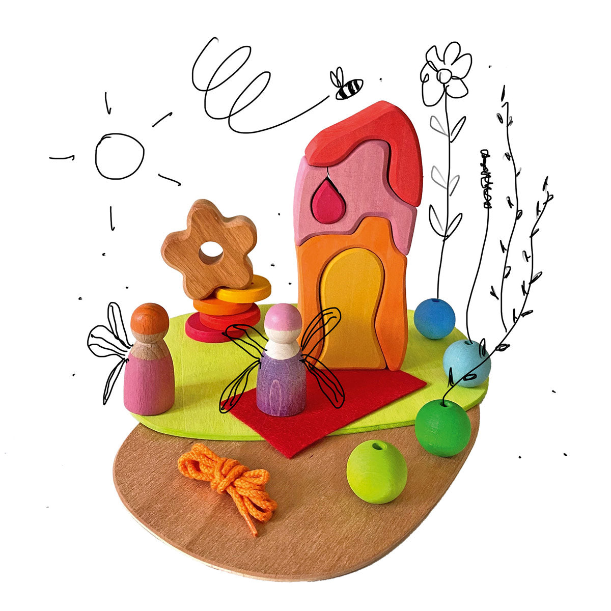 Grimm's kids wooden small world play: by the meadow toy set on a white background