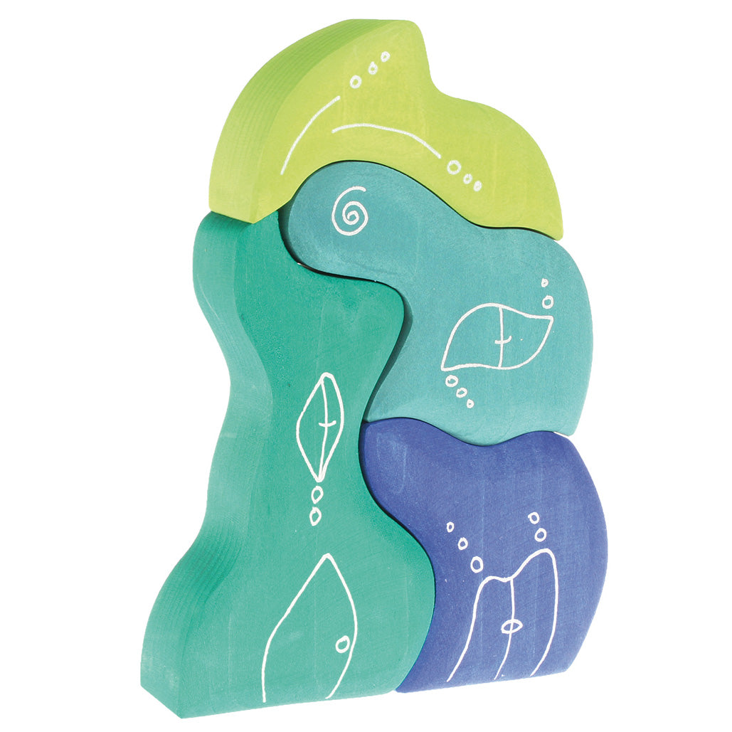 Grimm's Casa Aqua wooden stacking toy pictured on a plain background