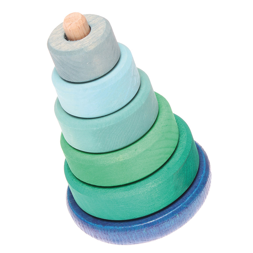 Grimm's Green & Blue Wobble Stacking Tower pictured on a plain background