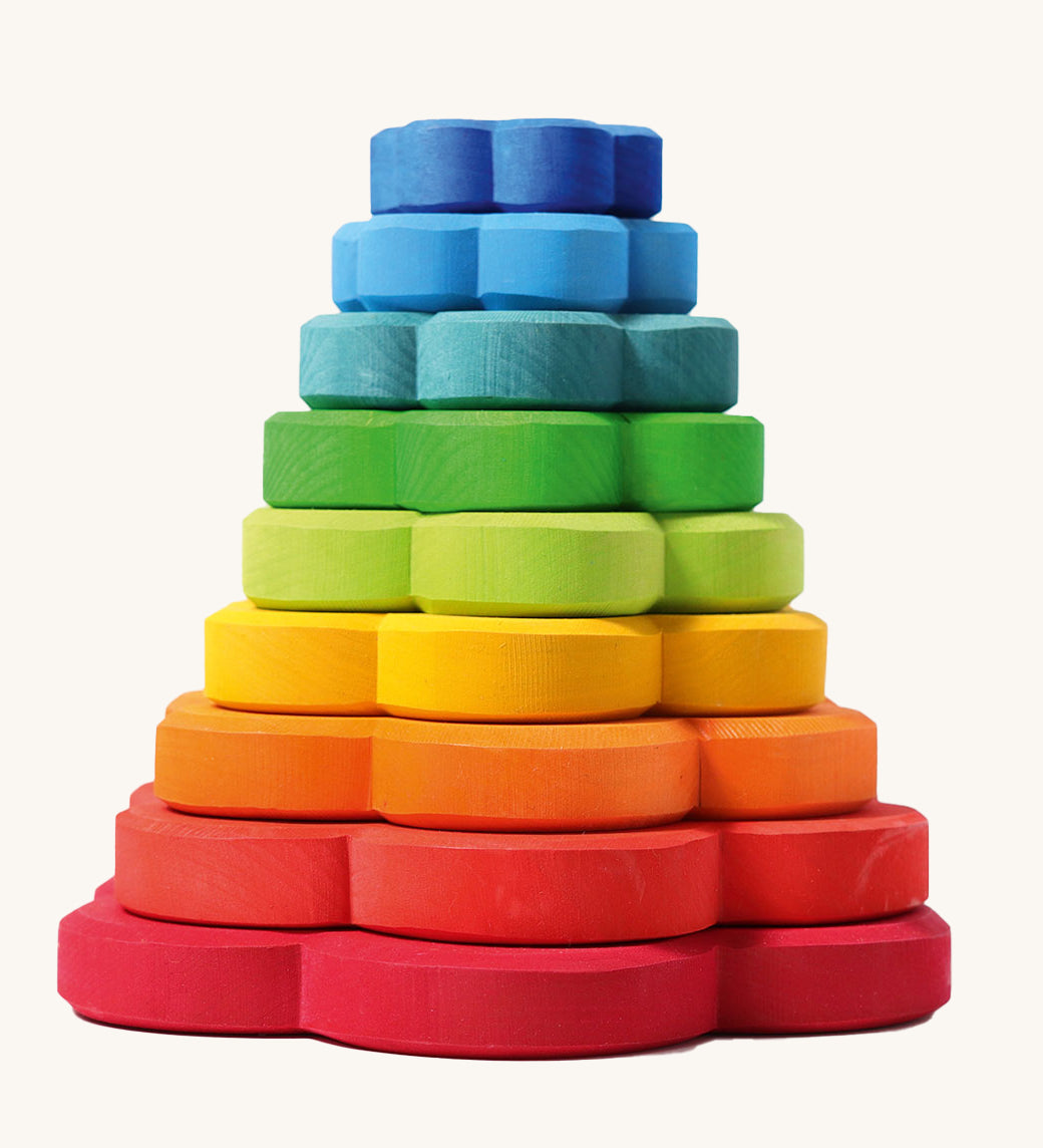 Grimm's Stacking rainbow Flowers Tower on a plain background. 