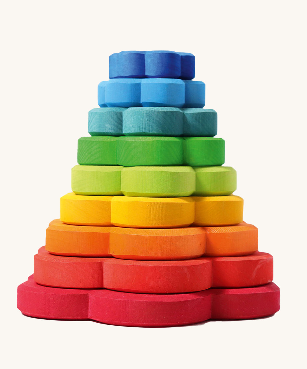 Grimm's Stacking rainbow Flowers Tower on a plain background. 