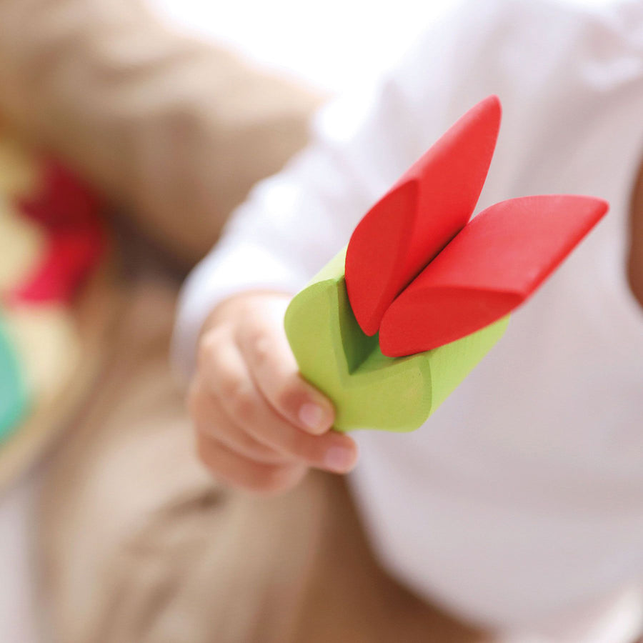 Close up of a pink flower and the Grimm's wooden Lara building blocks set