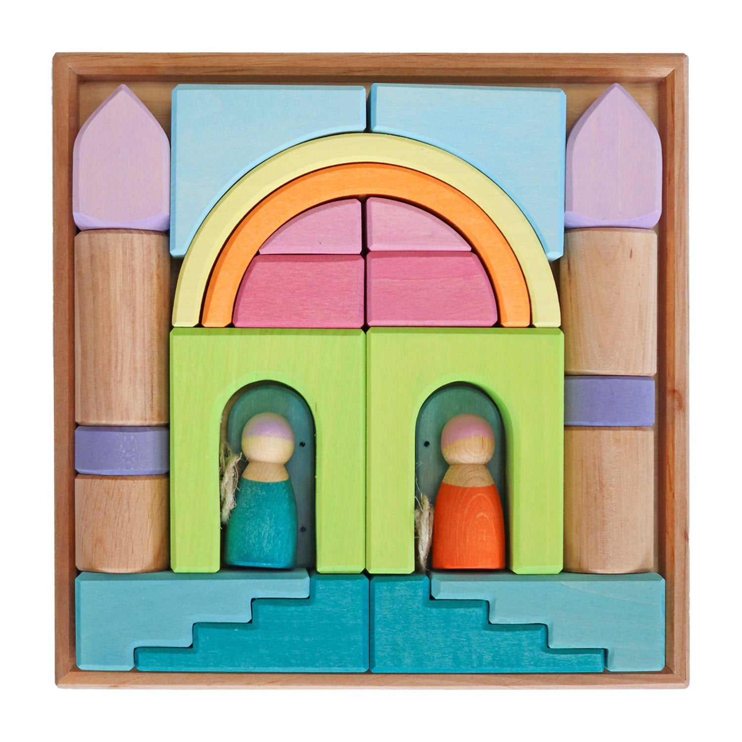 Grimm's Building World Cloud Play Blocks. Colourful and natural building blocks in a wooden tray