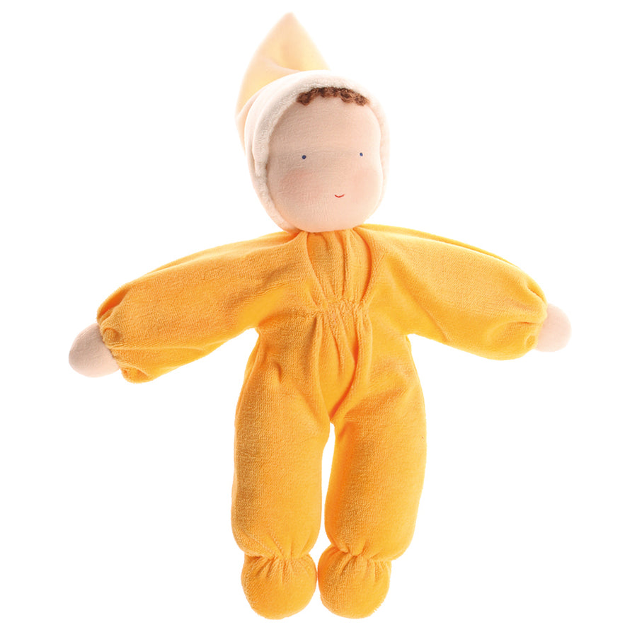 Grimm's Yellow Soft Waldorf Doll pictured on a plain background