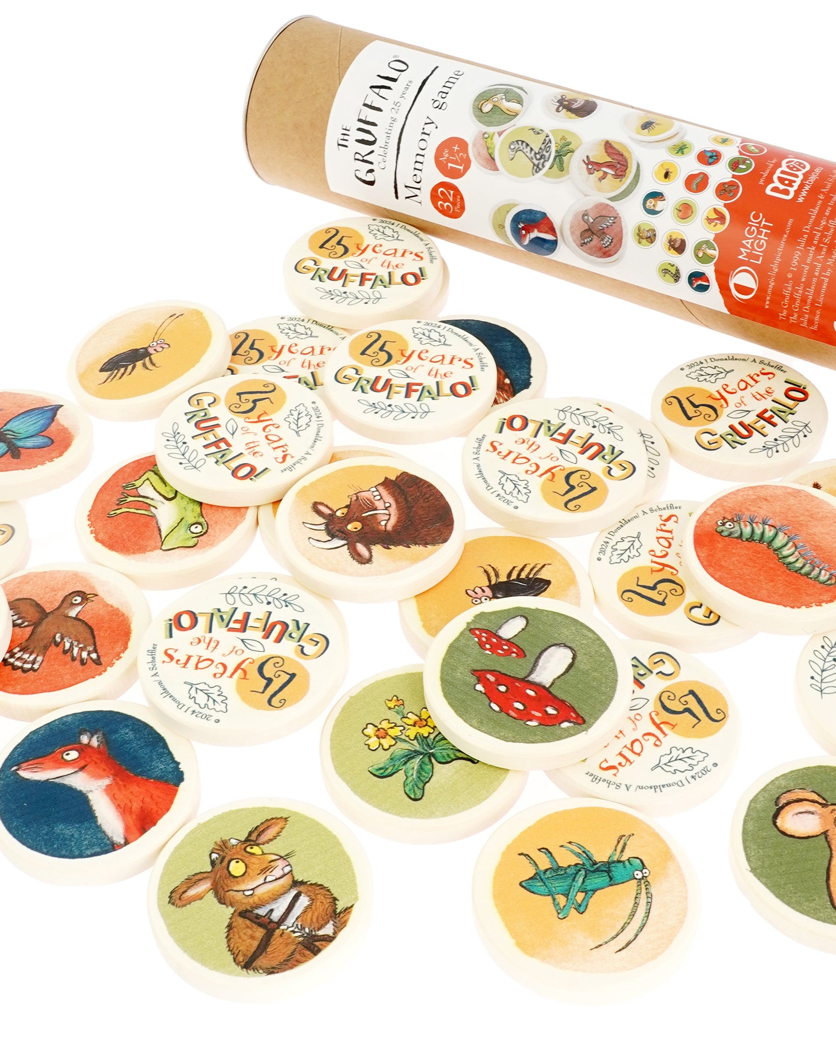 Bajo Gruffalo Wooden Memory Game disks and tube on a white background