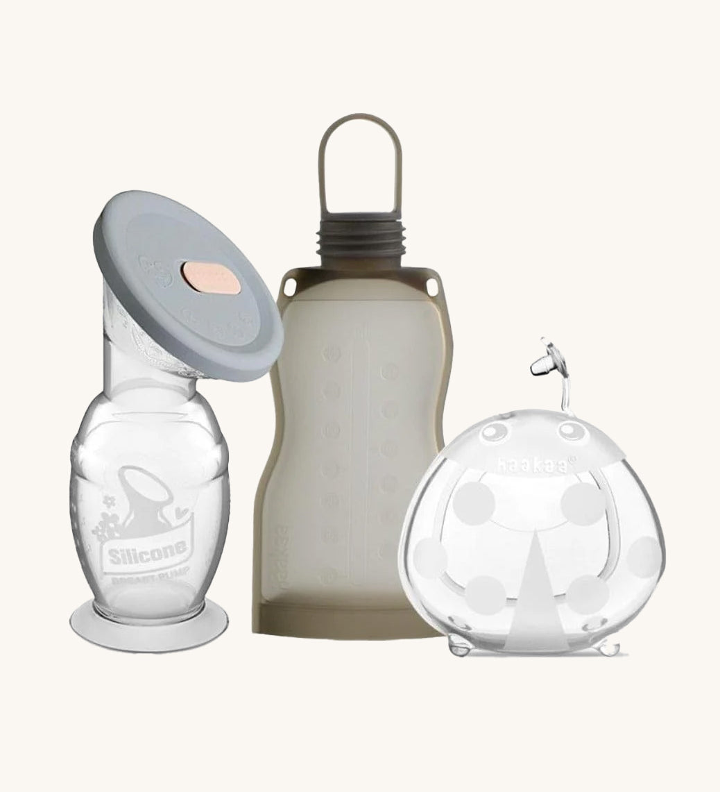 The Haakaa On-The-Go Express and Collect Breast Pump Travel Set. The set contains a Gen 2 Silicone Breast Pump, Ladybug Silicone Breast Milk Collector and a silicone milk storage bag.