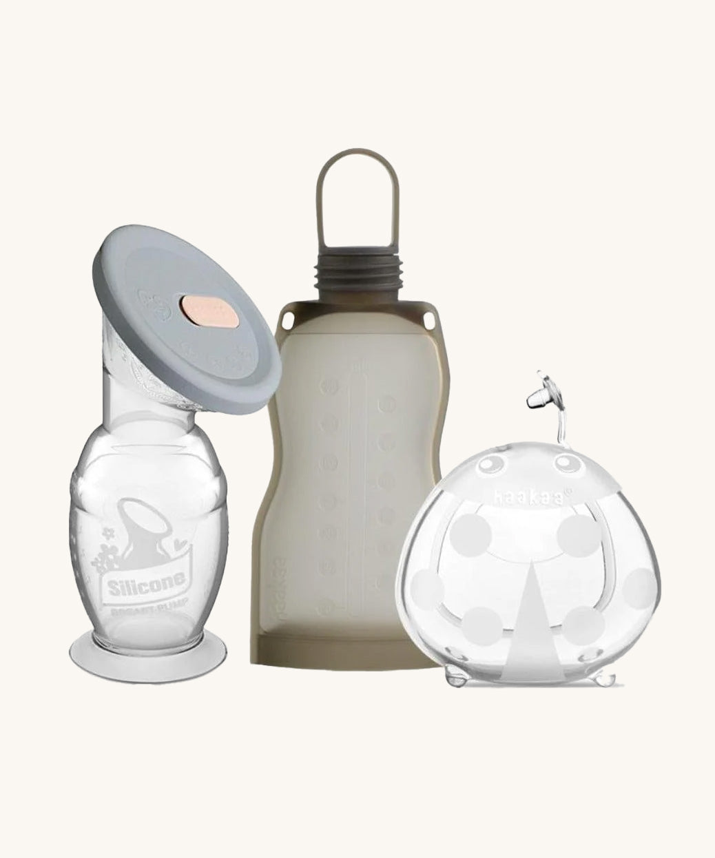 The Haakaa On-The-Go Express and Collect Breast Pump Travel Set. The set contains a Gen 2 Silicone Breast Pump, Ladybug Silicone Breast Milk Collector and a silicone milk storage bag.