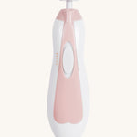 Haakaa baby nail care set. White file with pink detail. The nail file is electric, with a push up switch to turn it on. 