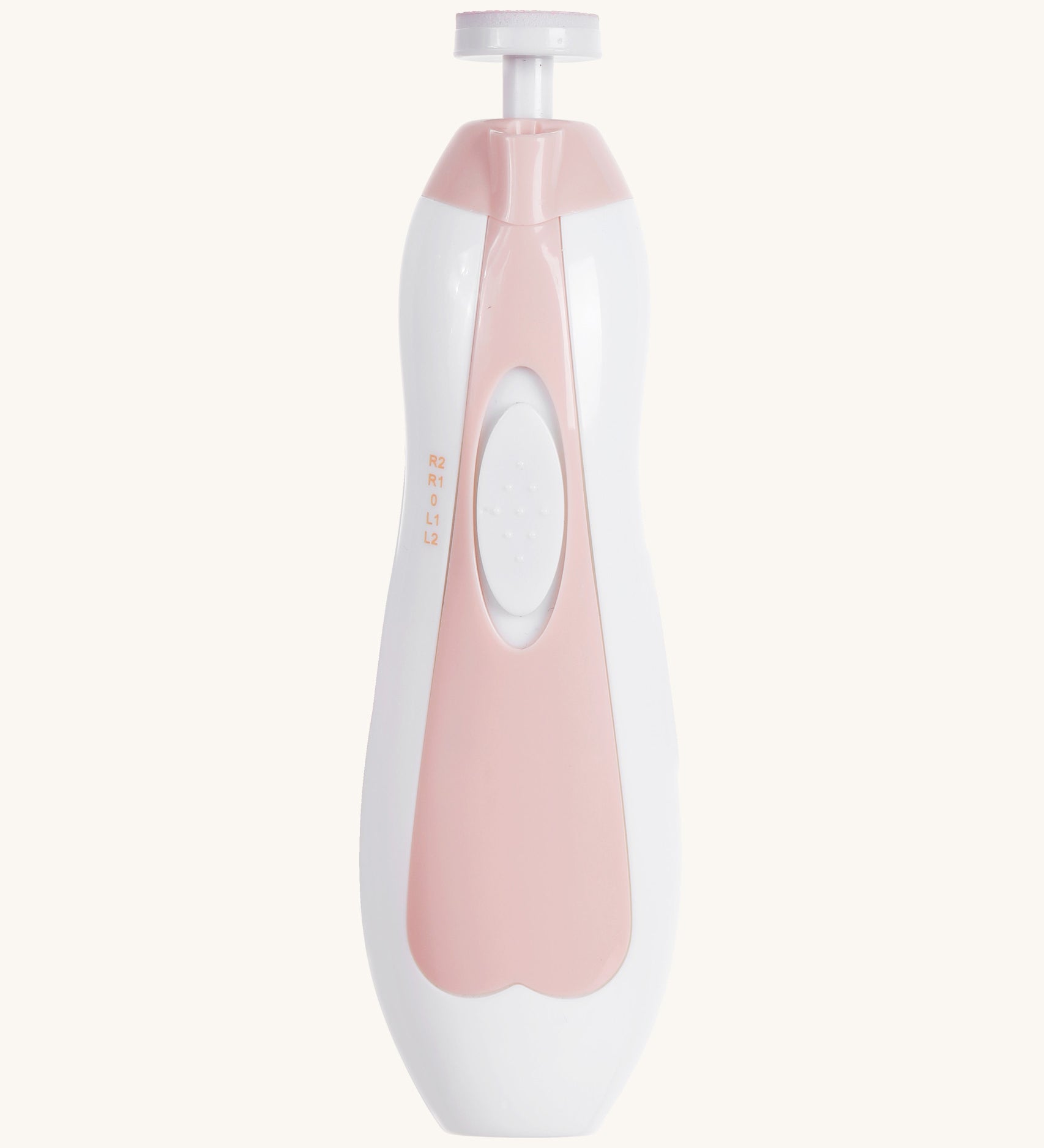 Haakaa baby nail care set. White file with pink detail. The nail file is electric, with a push up switch to turn it on. 