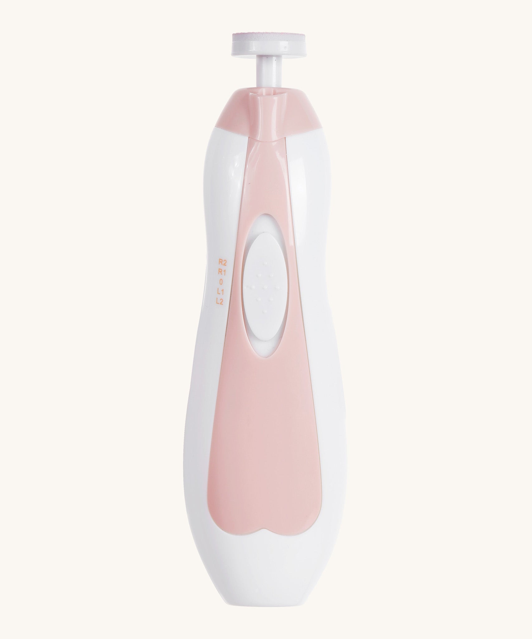 Haakaa baby nail care set. White file with pink detail. The nail file is electric, with a push up switch to turn it on. 