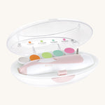 Close up view of the Haakaa baby nail care set in it's case. Features 5 coloured files for different ages.