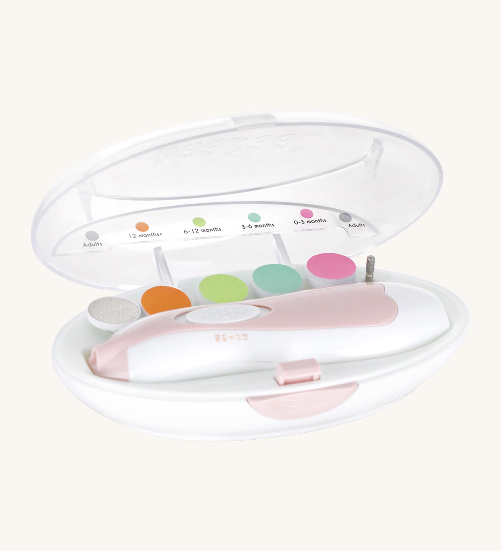 Close up view of the Haakaa baby nail care set in it's case. Features 5 coloured files for different ages.