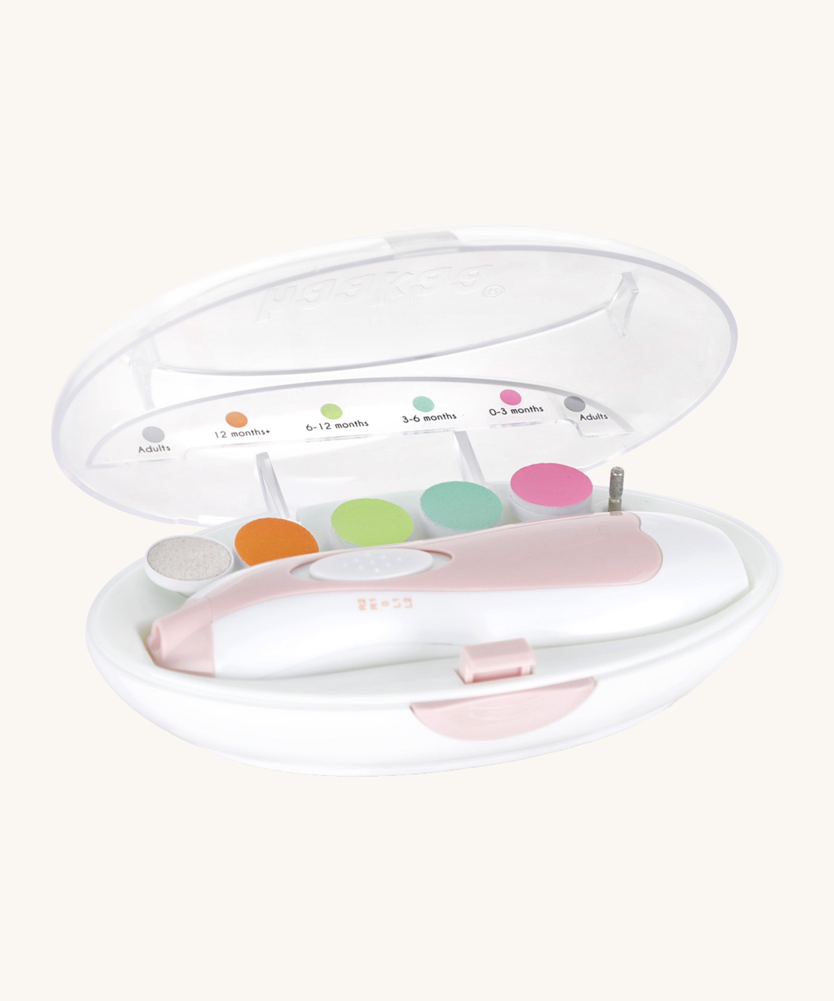 Close up view of the Haakaa baby nail care set in it's case. Features 5 coloured files for different ages.