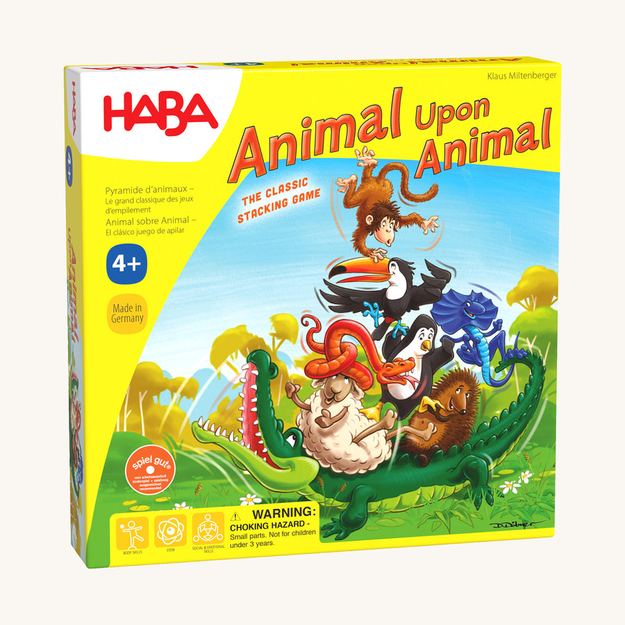 HABA Animal Upon Animal wooden stacking game. The Animla Upon Animal box with a fun illustration on the front