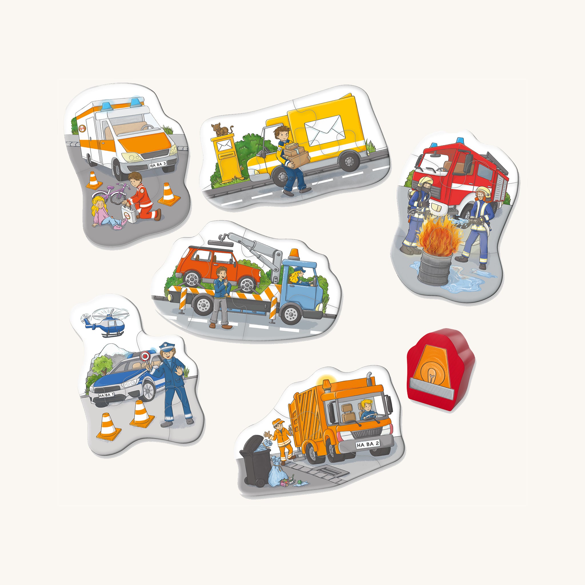 HABA 6 Little Hands Jigsaw - In Action. A fun jigsaw with various Public Services jigsaw scenes such as a paramedic