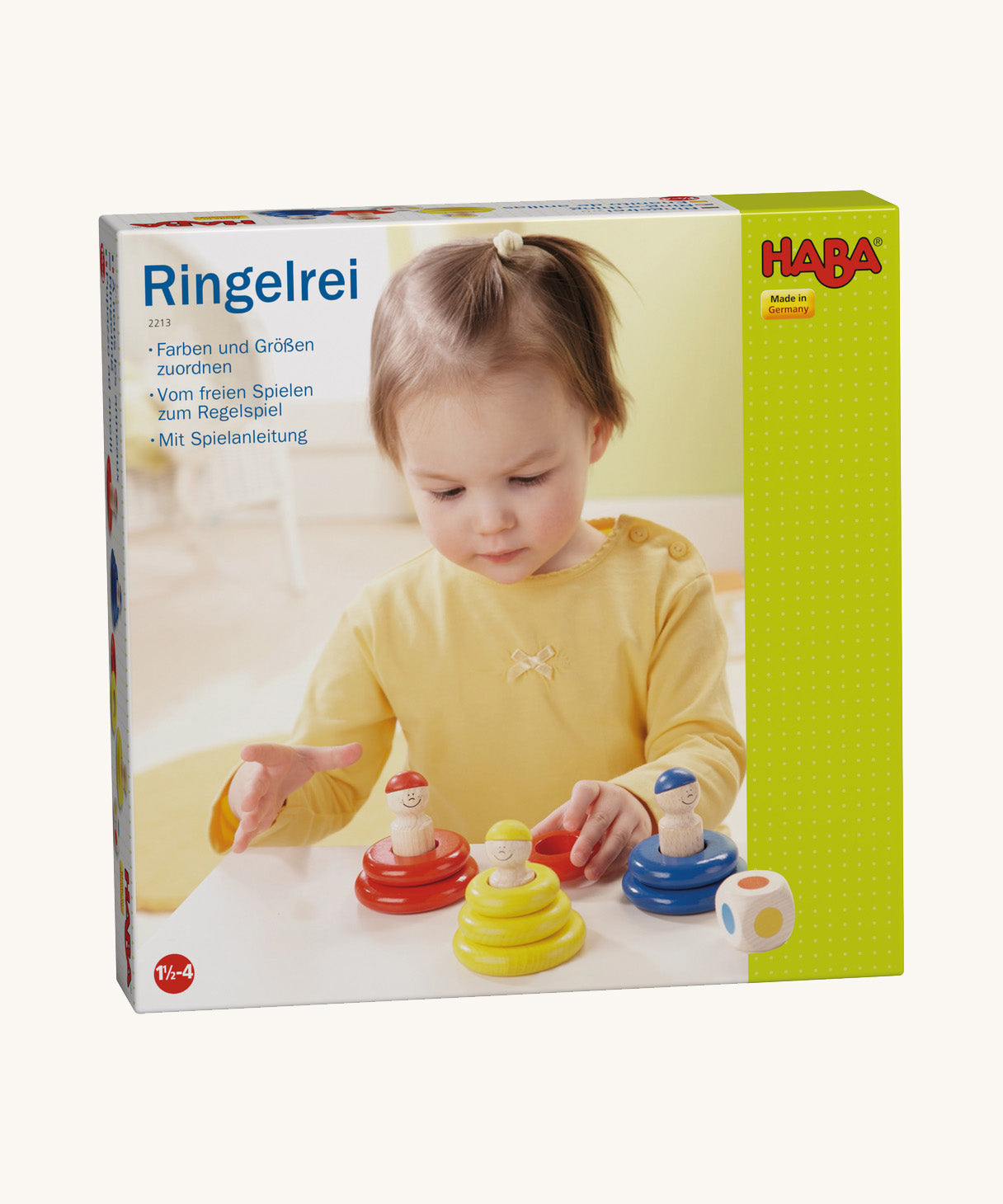 A cardboard box for the Haba wooden ring toss game on a cream background.