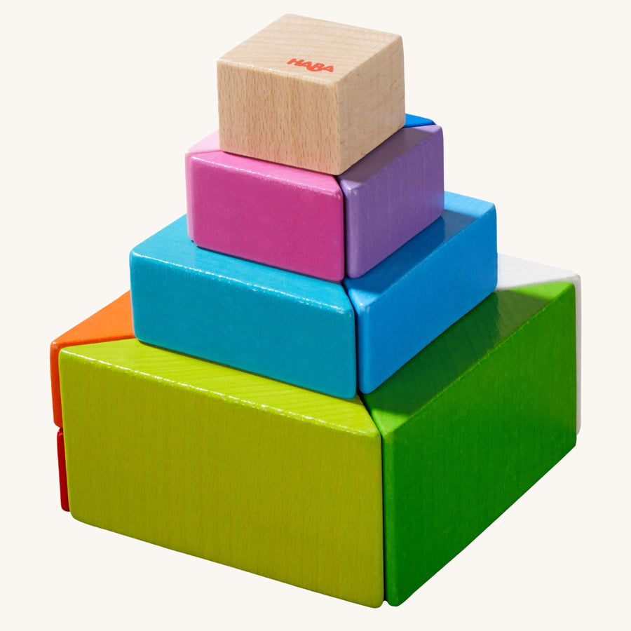 A beautiful and colourful tower built by using the HABA Tangram Blocks