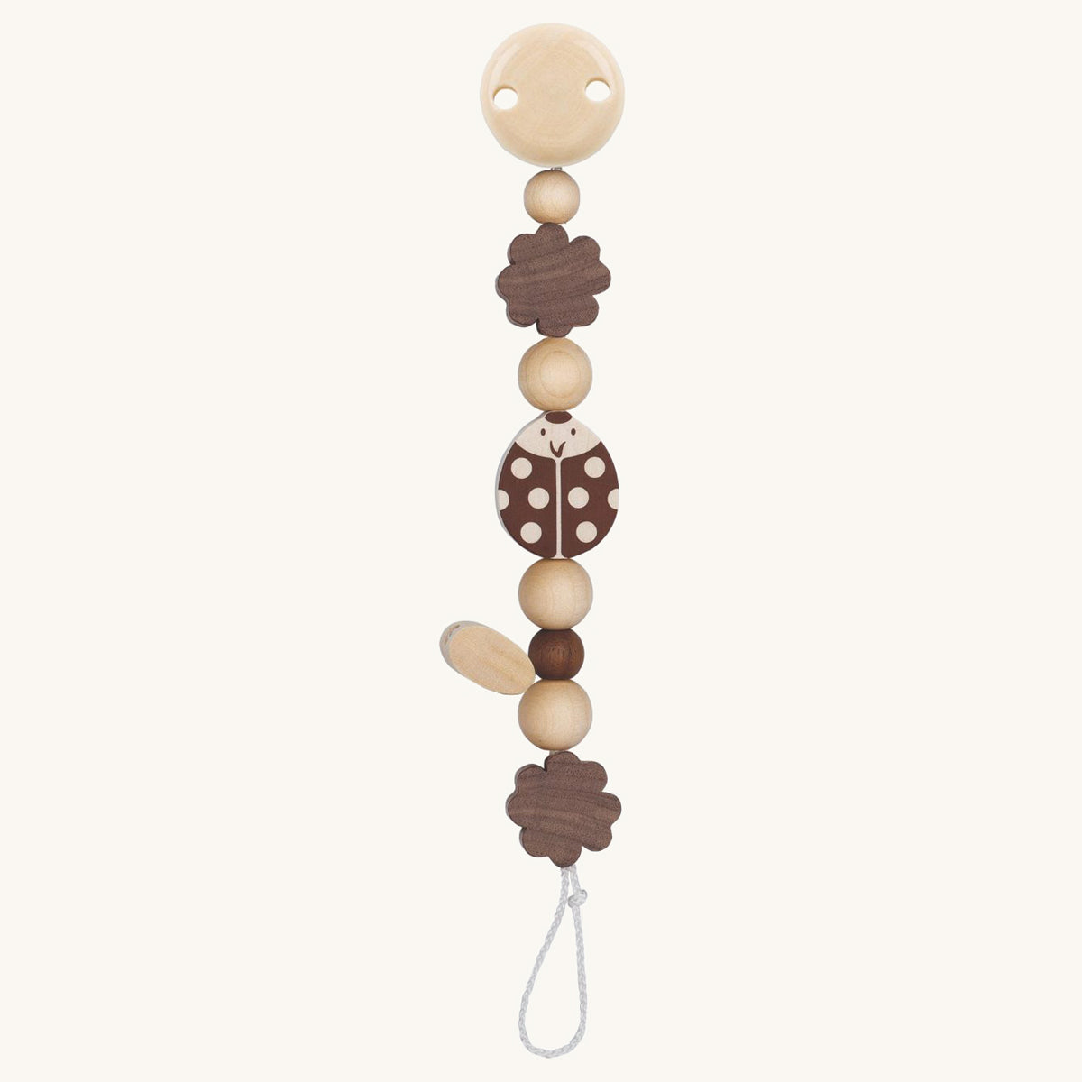 Heimess natural wooden ladybird baby teether chain on a beige background