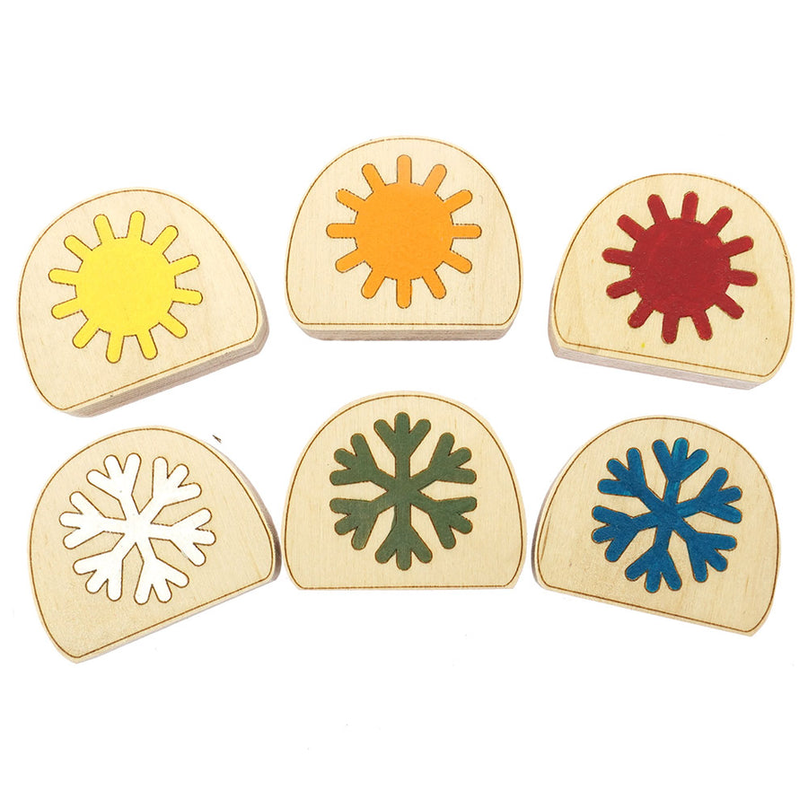 Hellion Toys handcrafted eco-friendly wooden temperature blobs laid out in 2 rows on a white background