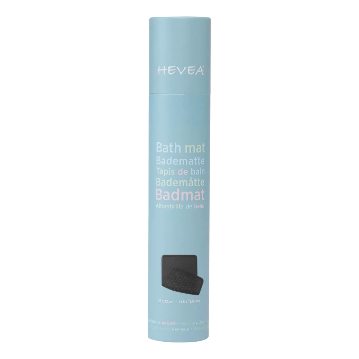 Blue tube packaging for the Hevea charcoal natural rubber bath mat on a white background