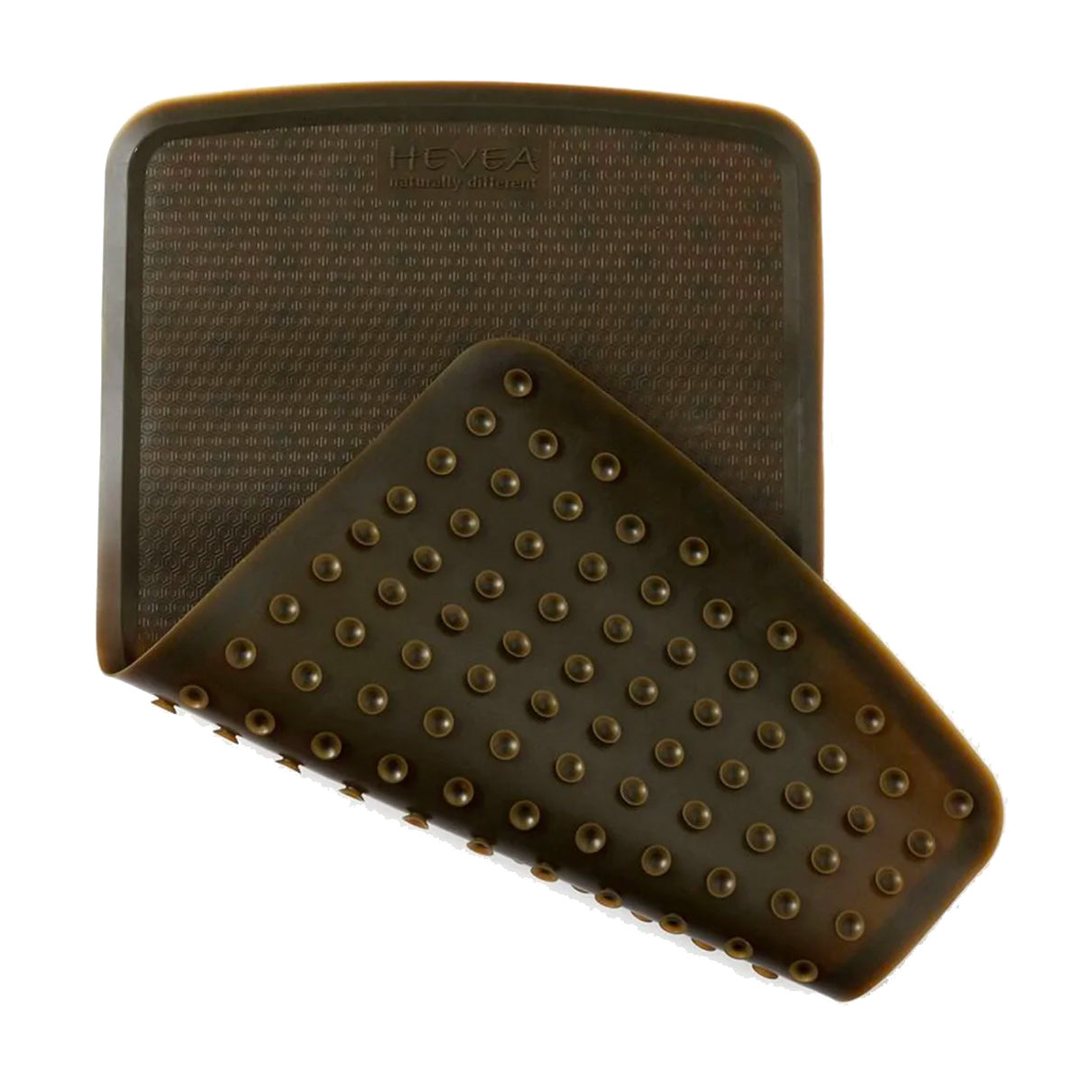 Hevea plastic-free natural rubber bath mat in the charcoal colour folded on a white background to show the top and bottom sides