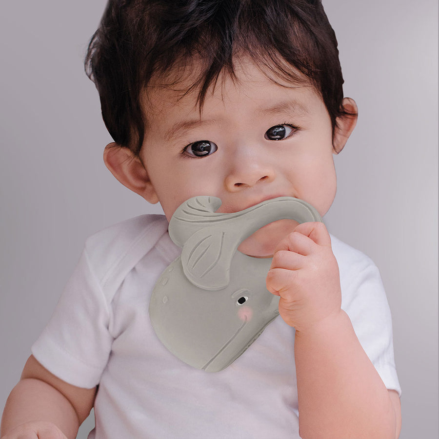 Hevea Gorm the Whale natural rubber grey teething baby toy chewed by a small child on a grey background