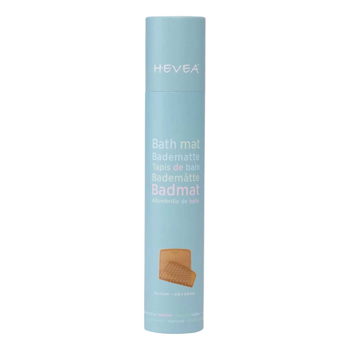 Blue tube packaging for the Hevea plastic-free natural rubber bath mat on a white background