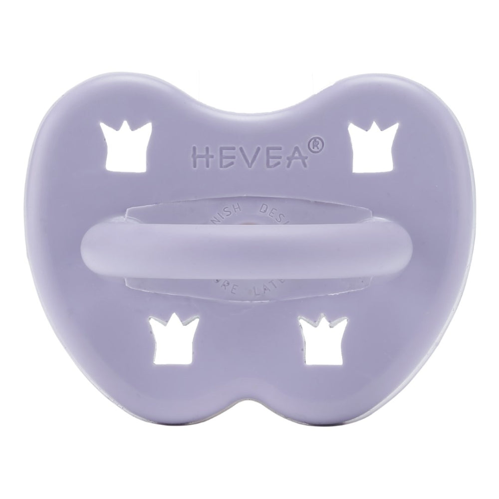 Hevea Orthodontic dusty violet chemical-free pacifier with crown cut outs on a white background