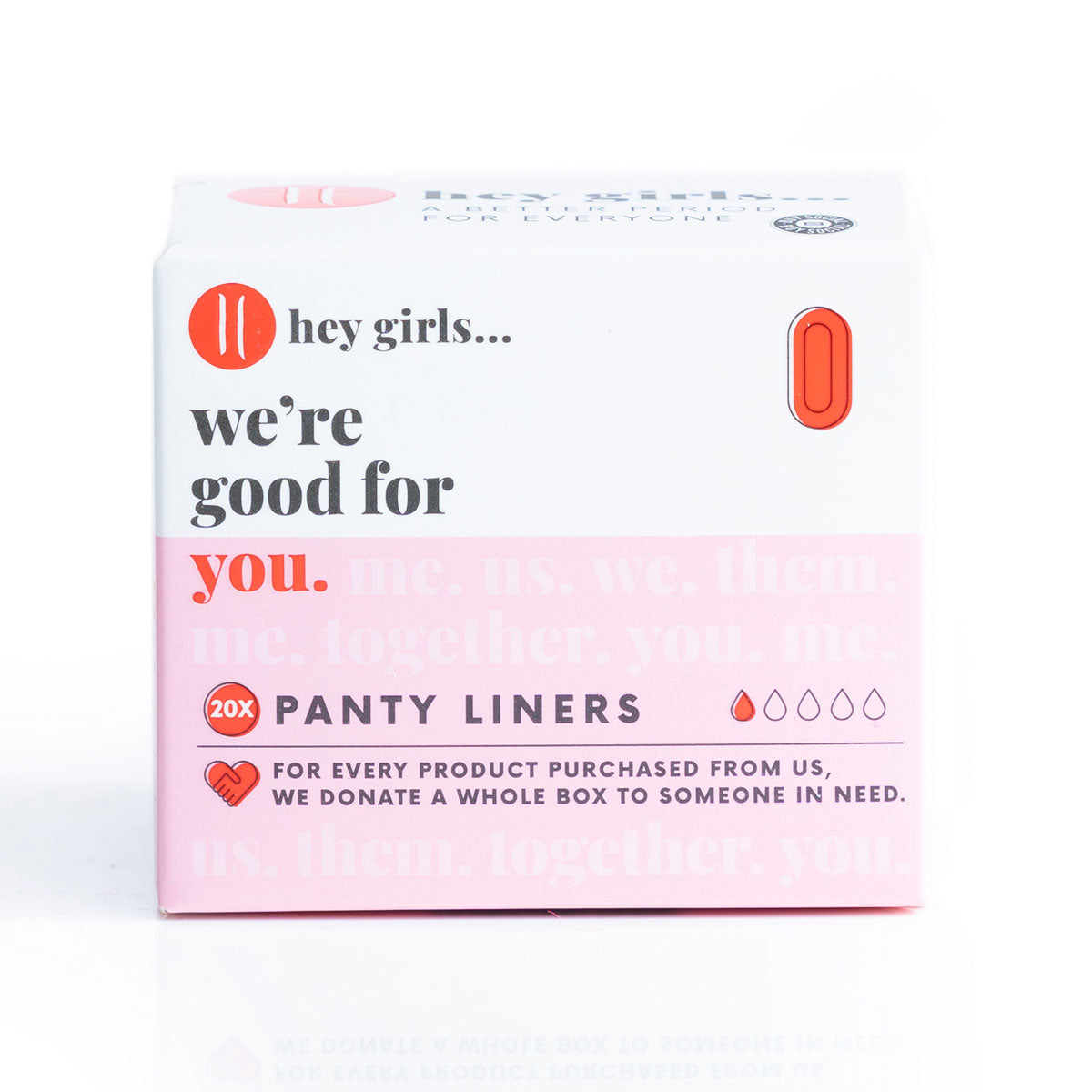 Hey Girls Natural Bamboo & Corn Fibre Disposable Panty Liners laid flat on a red and pink background