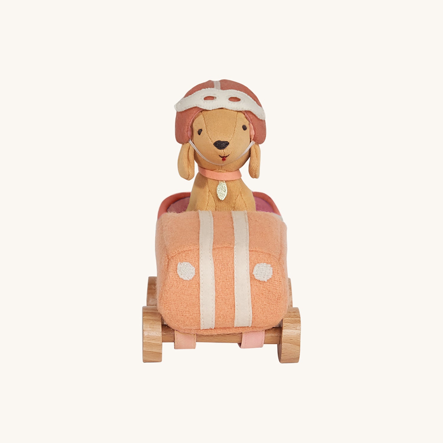 Olli Ella Olli Ella Holdie Dog-go Racer Girl sat next to a pink felt racing car with wooden wheels and white stripes