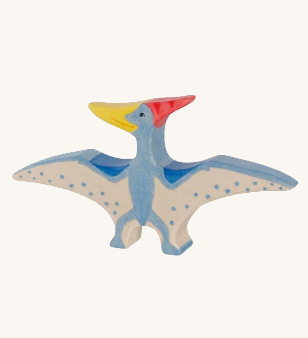 Holztiger Pteranodon dinosaur pictured on a plain background. A blue flying dinosaur figure with handpainted details