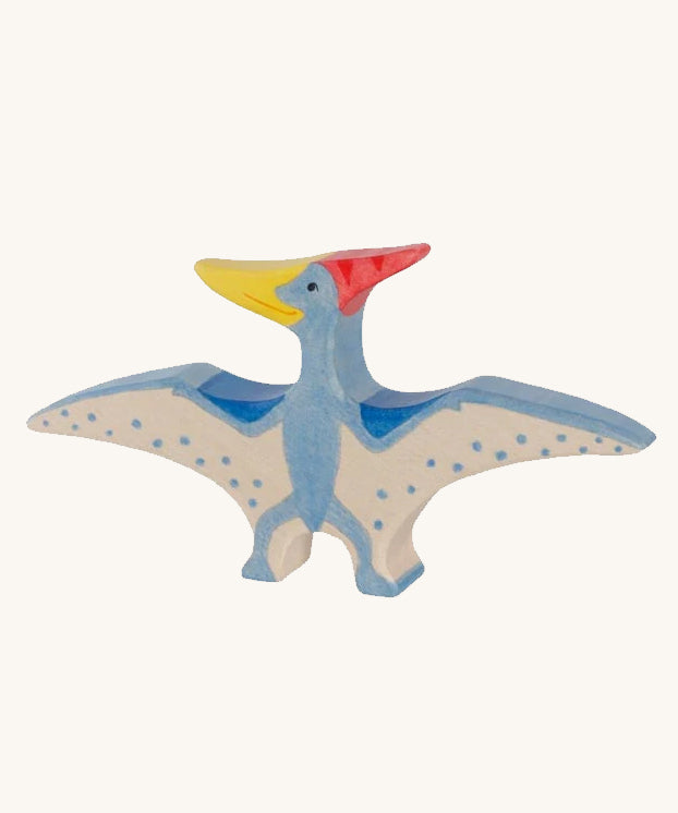 Holztiger Pteranodon dinosaur pictured on a plain background. A blue flying dinosaur figure with handpainted details