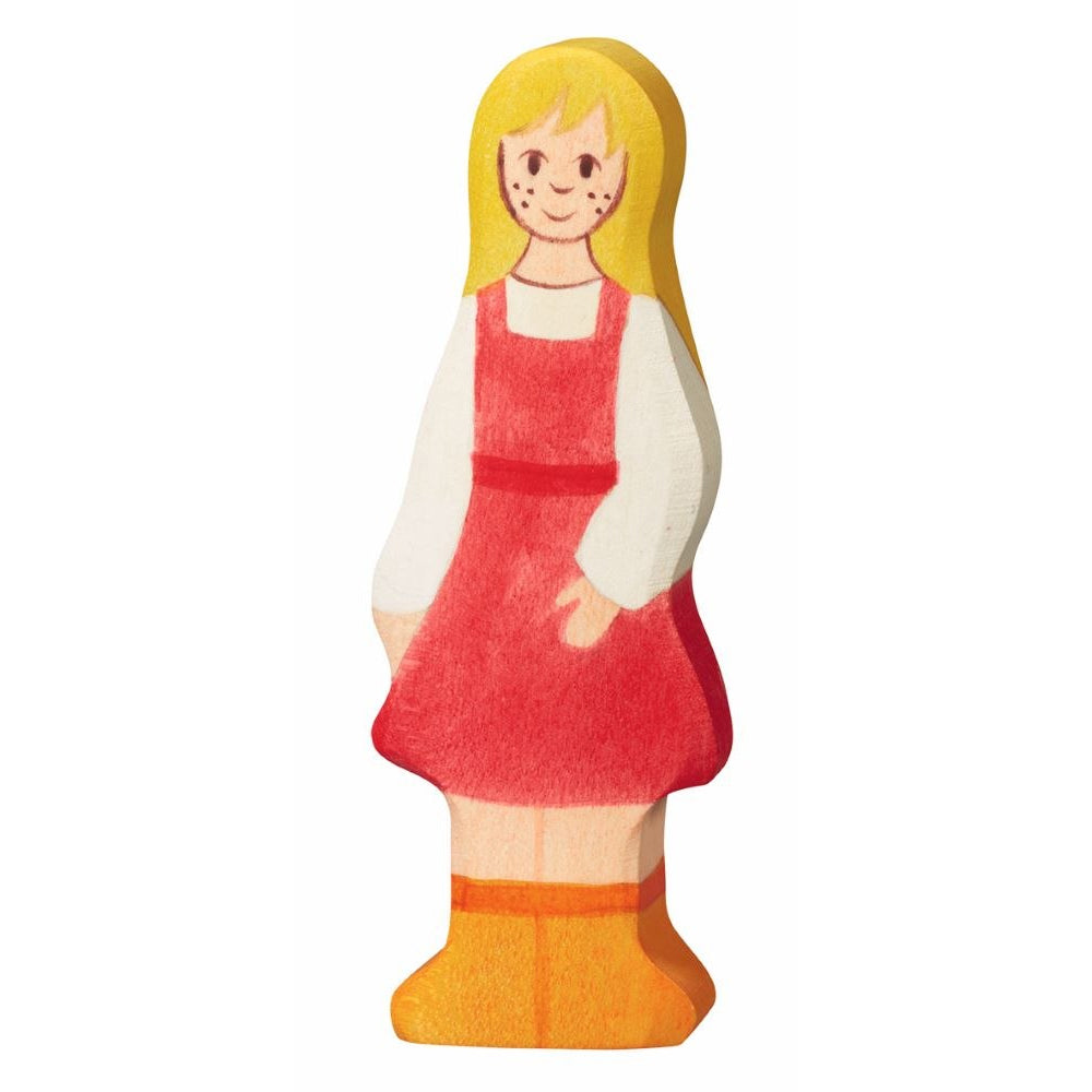 The Holztiger Daughter wooden figure is a Waldorf wooden girl with a red dress, yellow boots and long yellow hair.