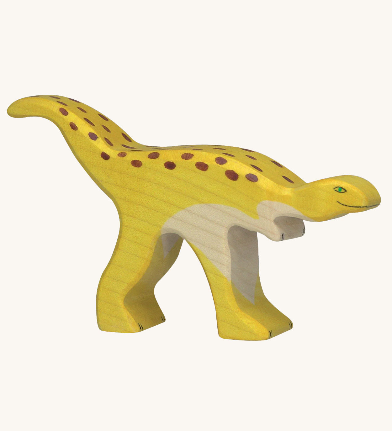 The Holztiger Wooden Toy Staurikosaurus  Dinosaur Figure on a plain background. 