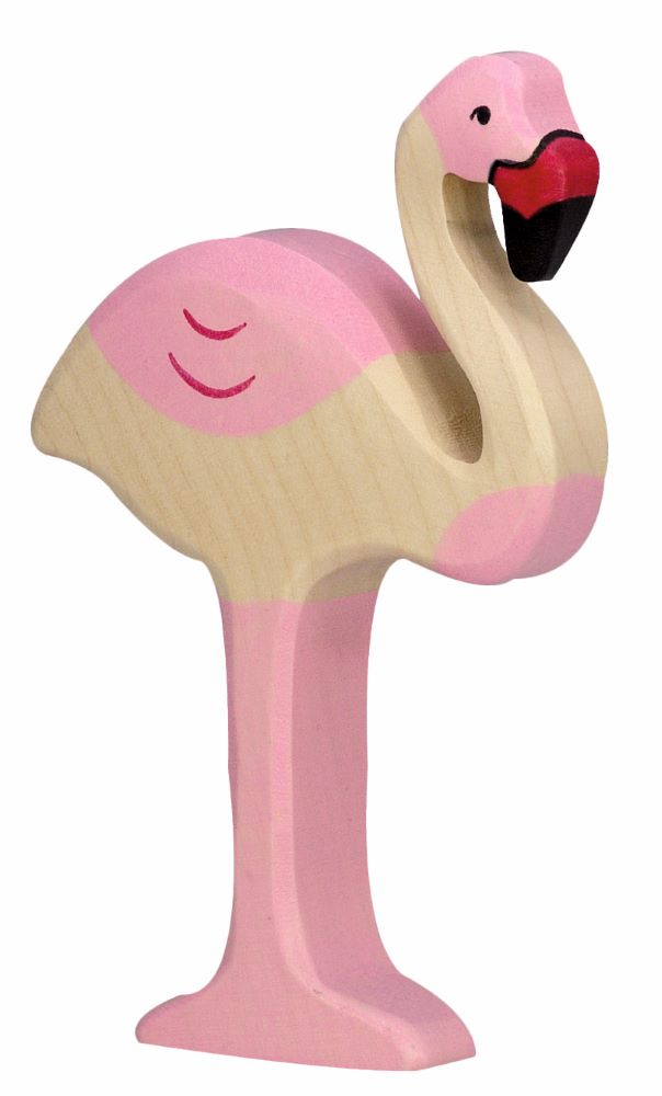 The Holztiger Flamingo wooden figure is a Waldorf wooden bird with characteristic pink plumage, elegant neck, and long legs.