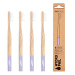 Purple Hydrophil Bamboo toothbrushes lined up on a white background.