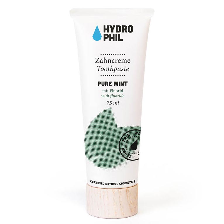 Hydrophil Fluoride Toothpaste - Natural & Organic | Pure Mint 75ml, sustainable plant based tube, with a wooden cap. Front view.