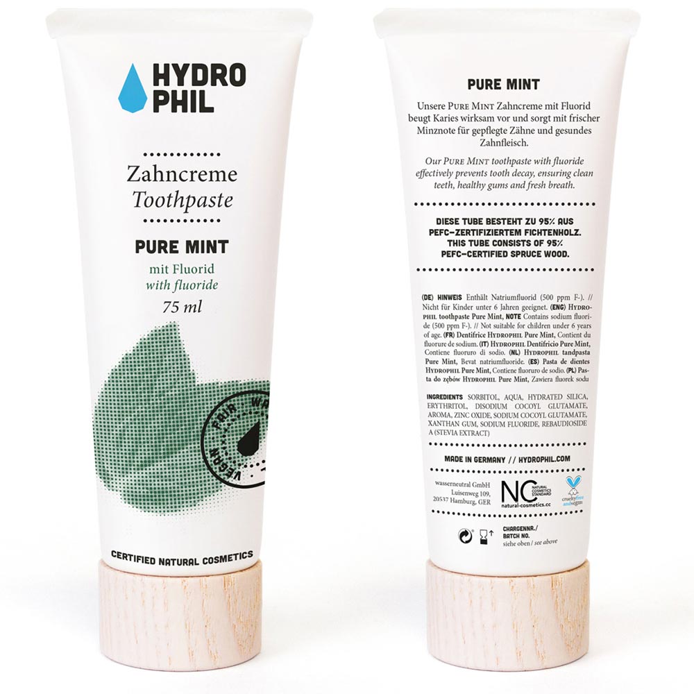 Hydrophil Fluoride Toothpaste - Natural & Organic | Pure Mint 75ml, sustainable plant based tube, with a wooden cap. Front and back view.