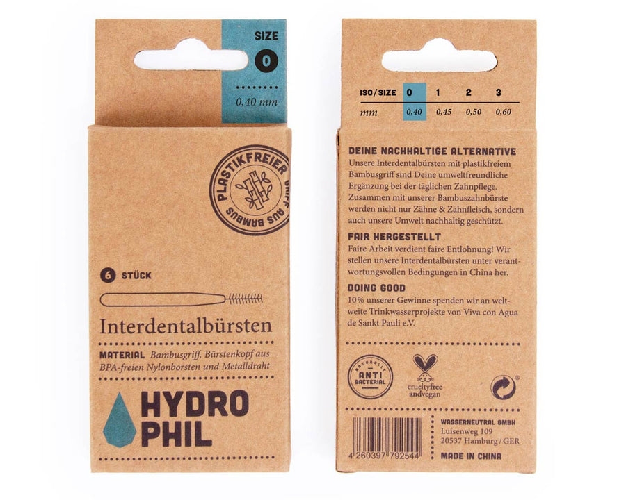 Front and back of Hydrophil Bamboo Interdental sticks packaging on a white background.