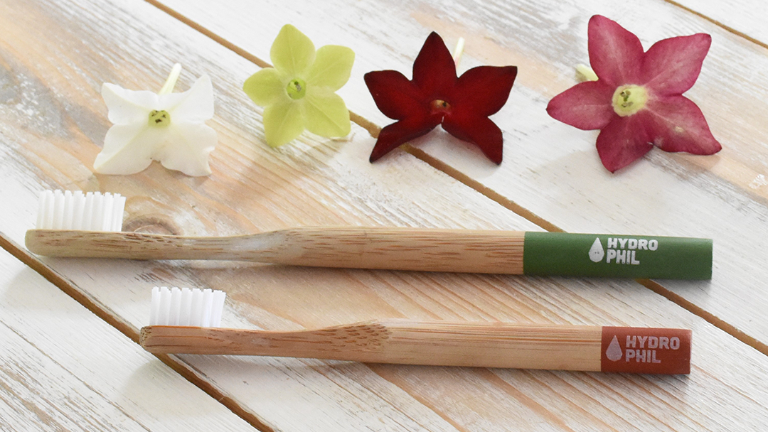 Two Hydrophil bamboo toothbrushes on a wooden table next to some flowers