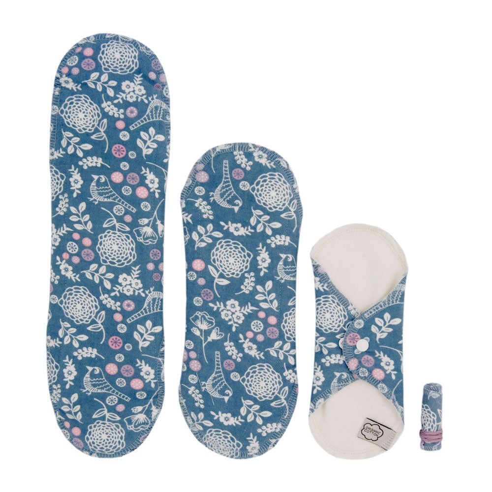 3 sizes of pad and tampon in blue Garden print