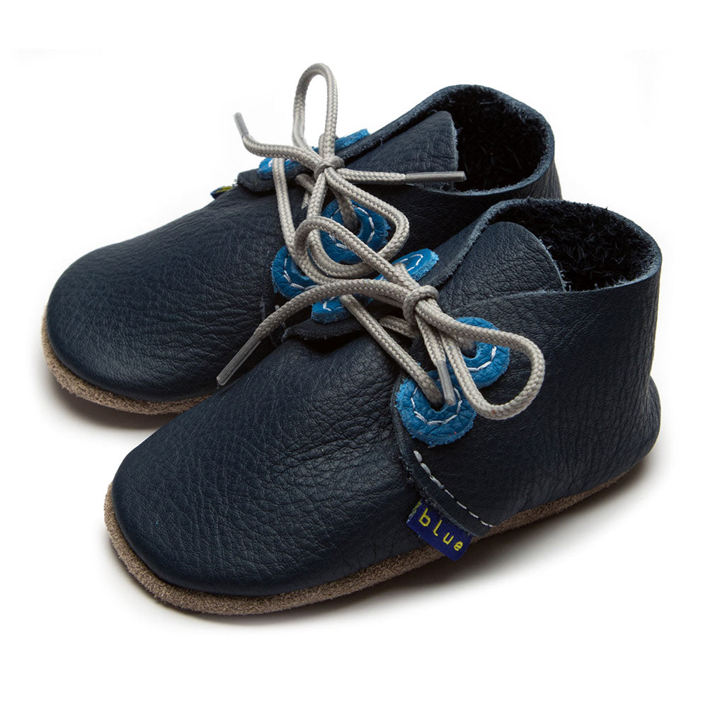 Inch Blue Leather laced Baby Shoes - Derby Navy/Blue on a white background