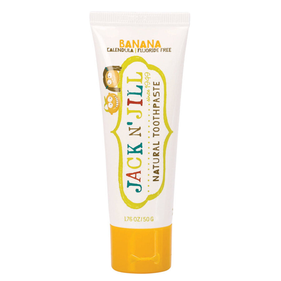 Jack N' Jill Fluoride-Free Banana flavoured Toothpaste in a 50g tube pictured on a plain white background