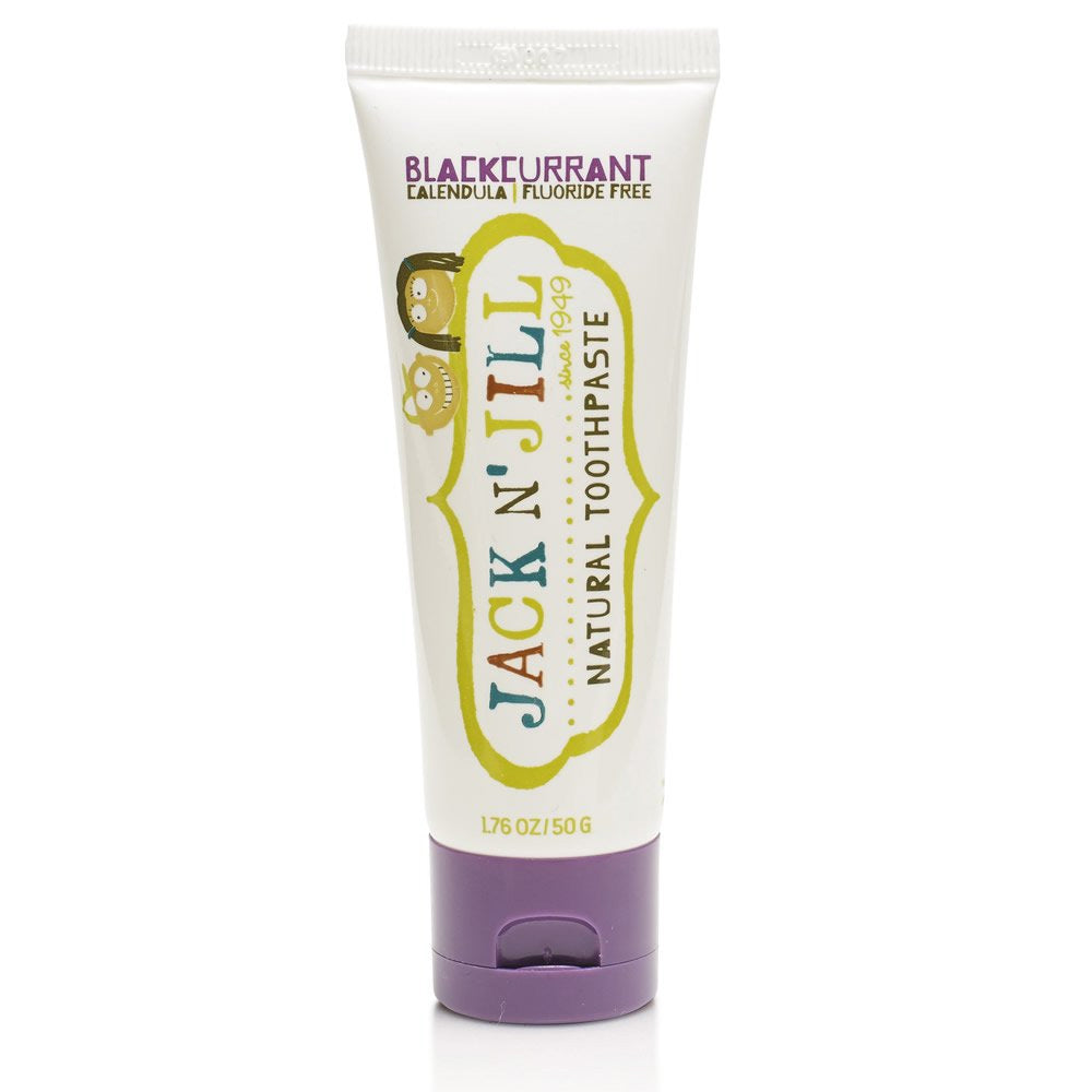 Jack N' Jill Fluoride-Free Blackcurrant Toothpaste in a 50g tube pictured on a plain white background