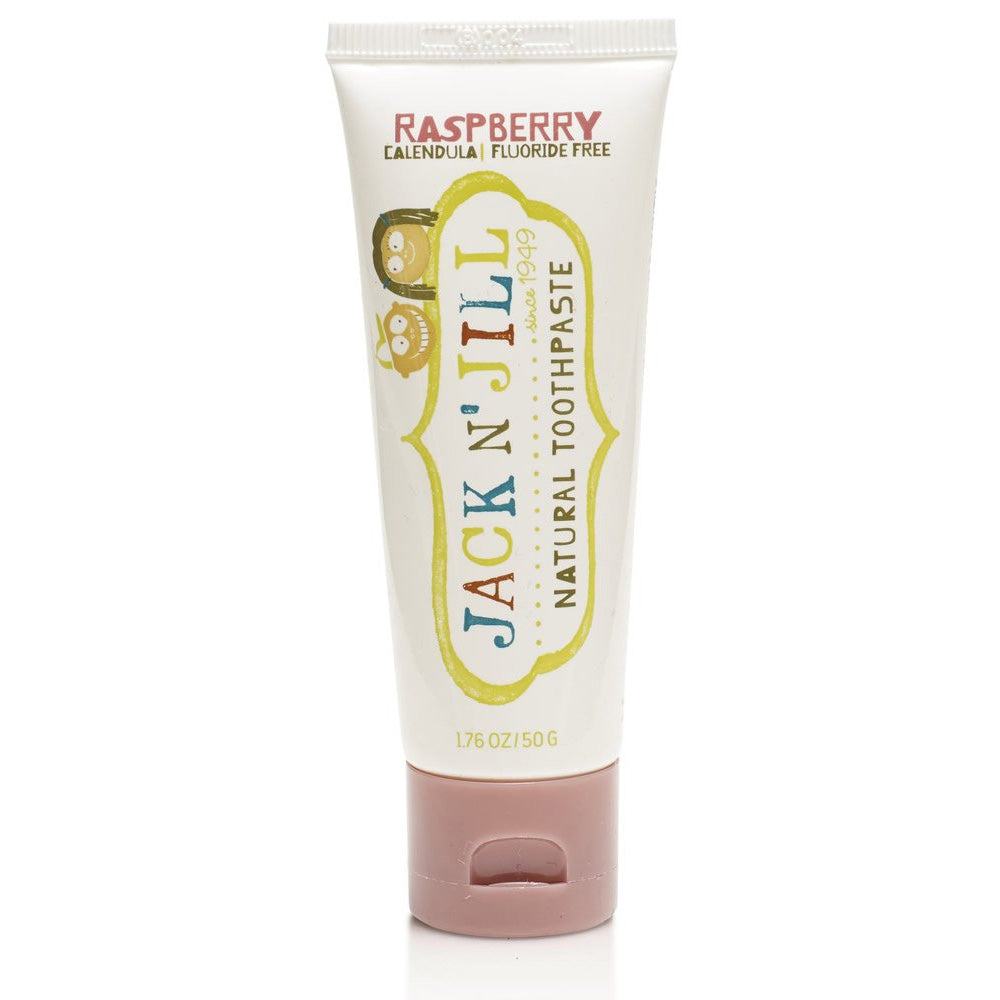 Jack N' Jill Fluoride-Free Raspberry Toothpaste in a 50g tube pictured on a plain white background