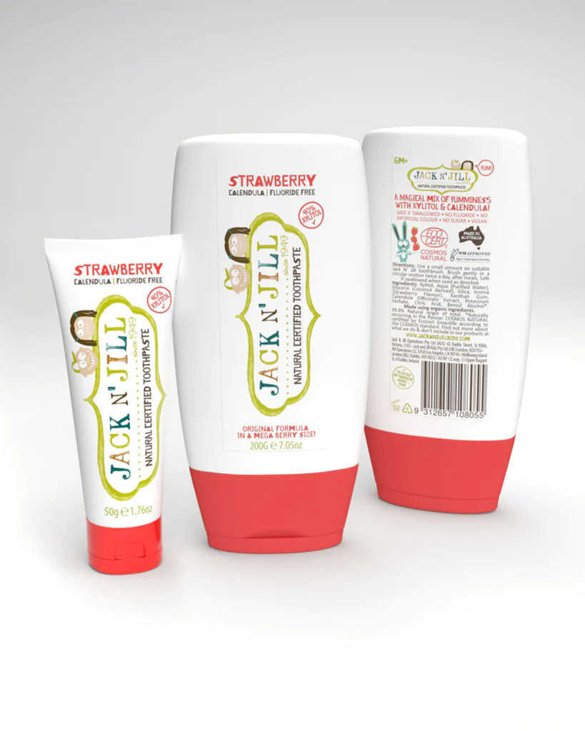 Jack N' Jill Fluoride-Free Strawberry Toothpaste 200g pictured next to smaller sized 50g tube